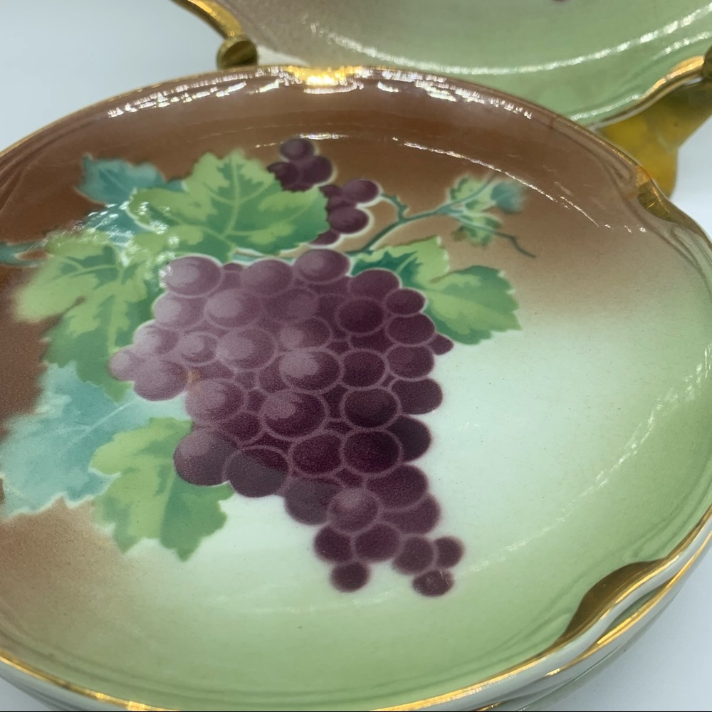 Six Hand Painted Grape Dessert Plates & Serving Plate from Luneville, France.